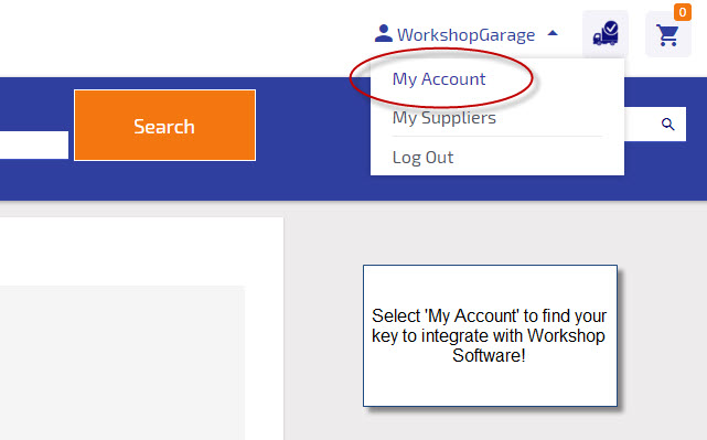 Workshop Software screen showing to find these details go back to your partstech account and click on 'my acco...