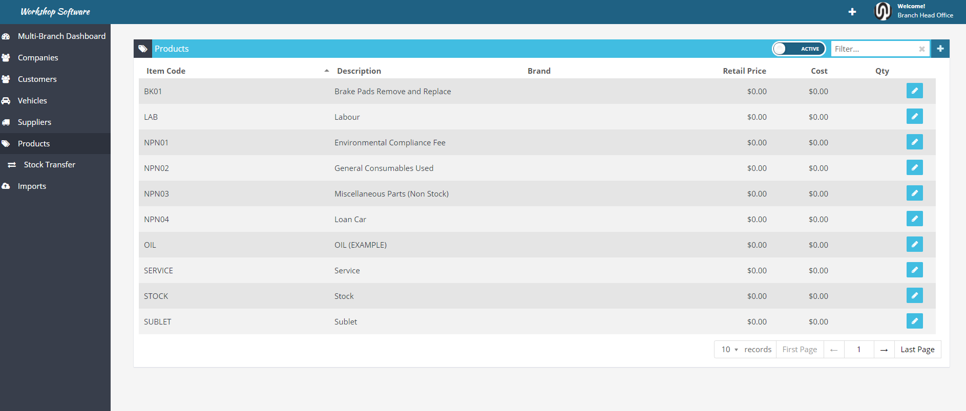 Workshop Software screen showing head office products overview