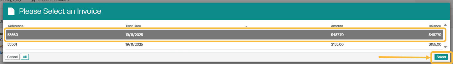 Workshop Software customer payment showing invoice to be paid (multiple invoices can be selected) and then click on the ...