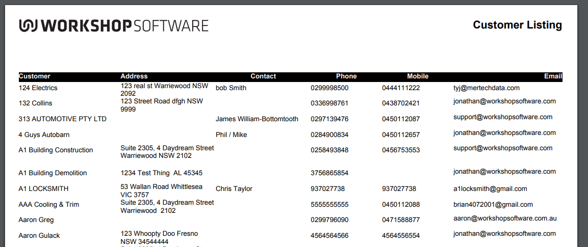 Customer Listing report showing customer names, addresses, contacts, phone numbers and email addresses