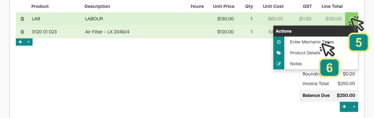 A cropped screenshot of the list of Products inside a Workshop Software Invoice. Numbered boxes indicate to click the right hand Star icon next to a labour product and then to choose "Enter Mechanic Times" in the drop down menu.