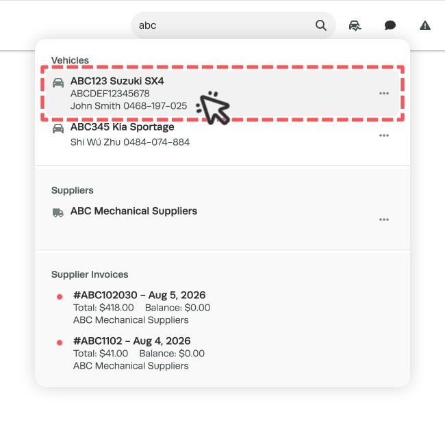 A screenshot of the main search bar, a vehicle is highlighted.
