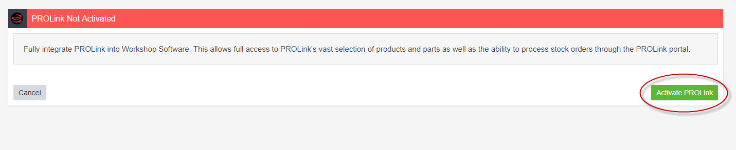Workshop Software screen showing please select the green ‘ activate prolink ’ button to continue