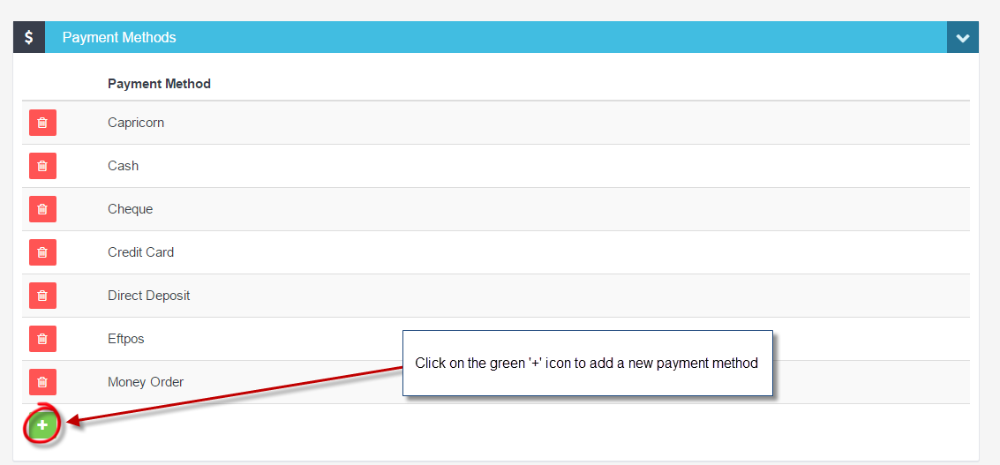 Workshop Software add or edit payment methods available showing '+' icon to add a new payment method
