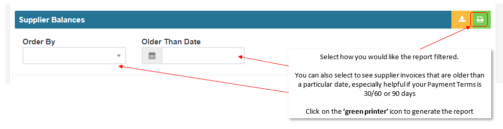 Workshop Software run a supplier balances report showing how you would like to filter the report - name, contact name, sta...