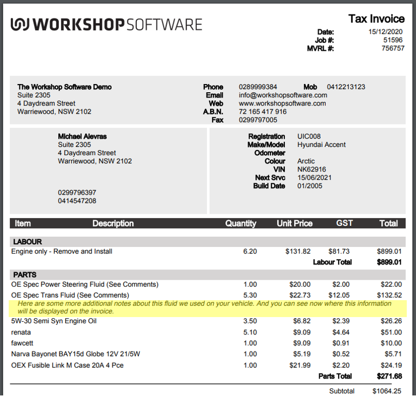Printed tax invoice showing the edited product descriptions