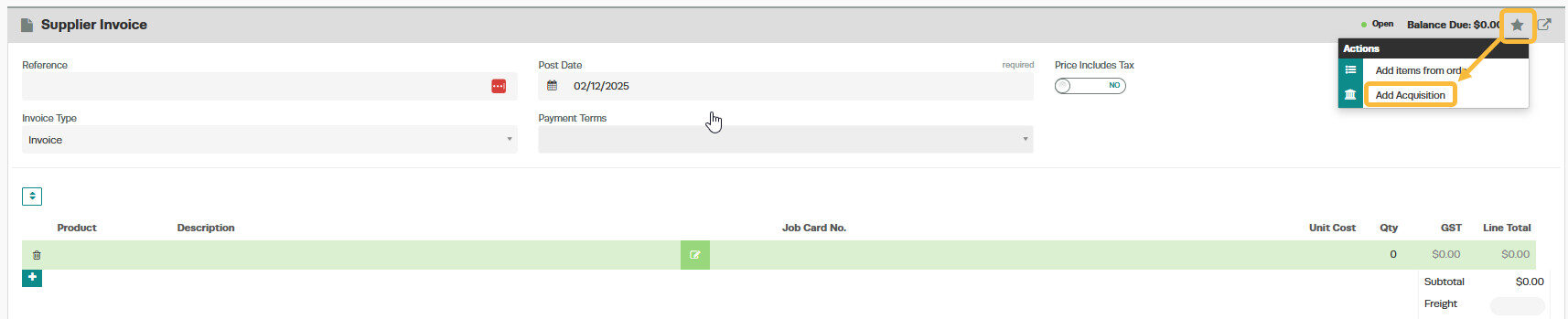 Workshop Software how to acquire units showing ' star action ' button and select ' add acquisition ' from the drop down menu
