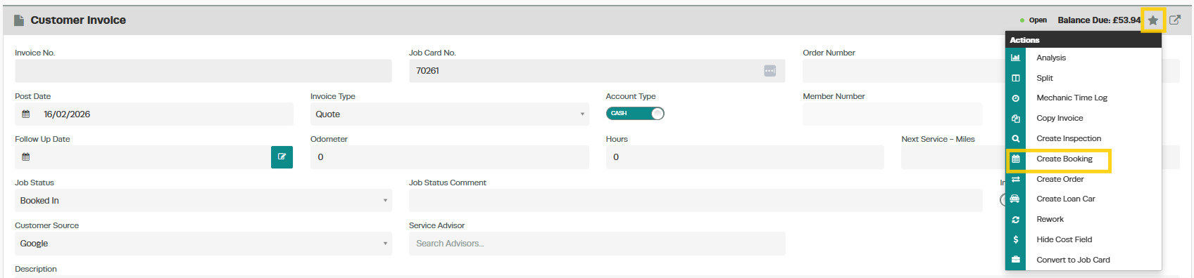 Workshop Software screen showing convert to booking click the action star and select create booking