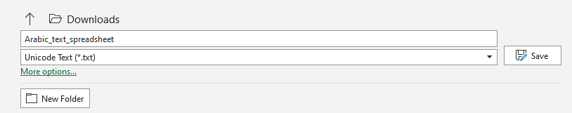Save As dialog saving the spreadsheet as Unicode Text so Arabic characters are preserved