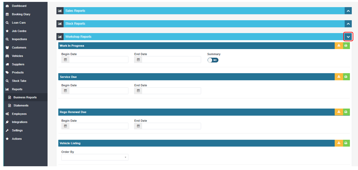 Workshop Software export workshop software reports as a excel sheet showing report you want by clicking on the ˅ icon to e...