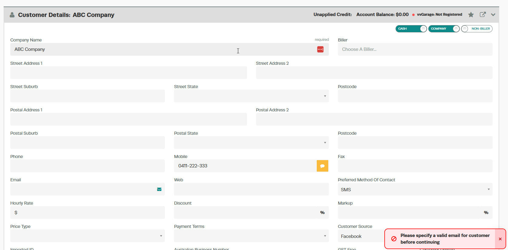 Workshop Software screen showing if a customer profile does not have an email address the below error message ...