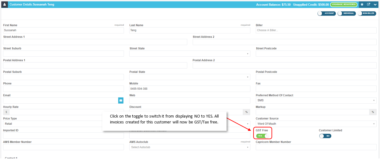 Workshop Software make a customer gst/tax free showing to the bottom of the page and click on the green 'save' button, loc...
