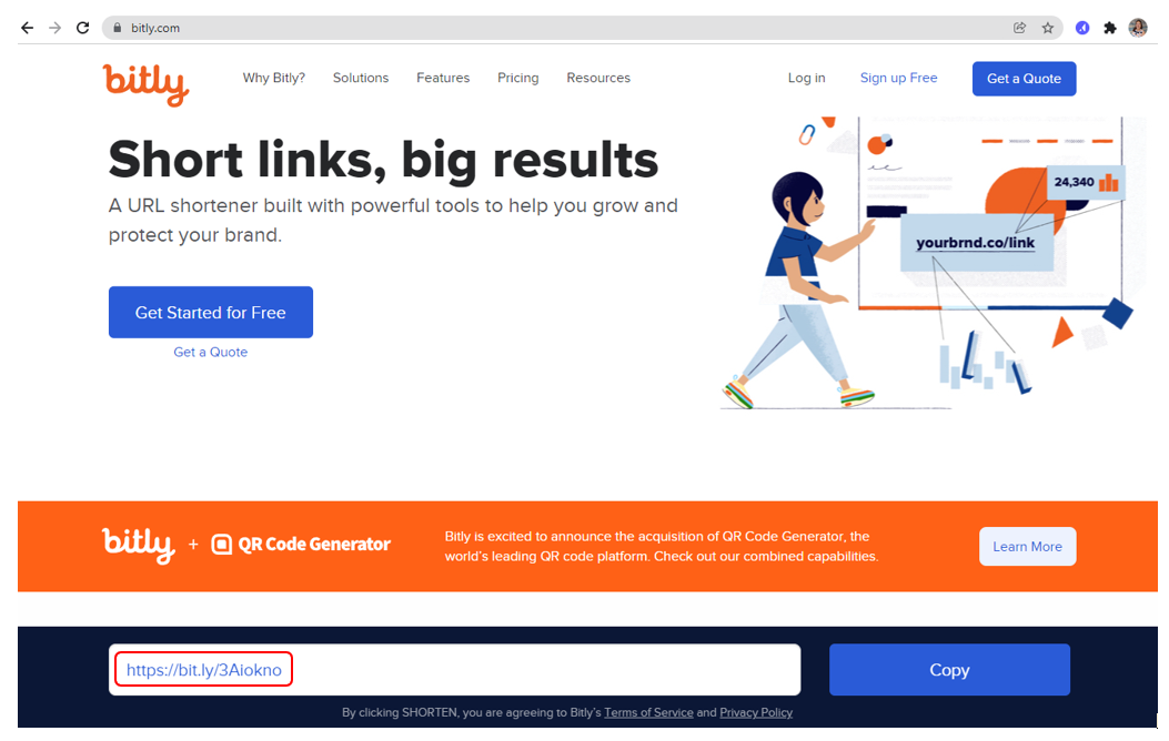 Bitly page showing the shortened link with the Copy button