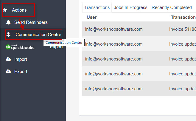 Workshop Software resend your customer's vvgarage login details showing actions - communication centre in workshop software