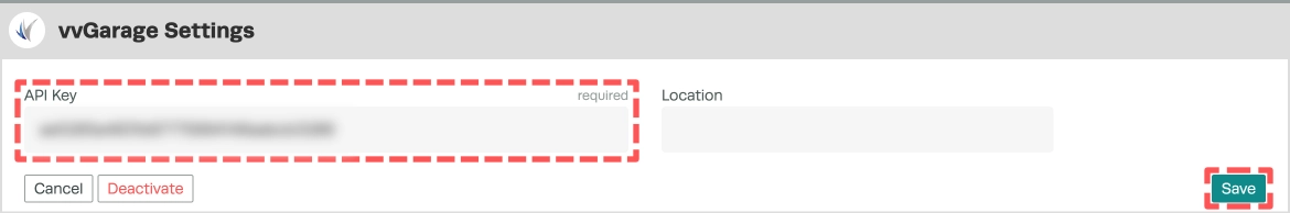 A screenshot of the vvGarage Settings card after activiate, the API Key field and Save button are highlighted.