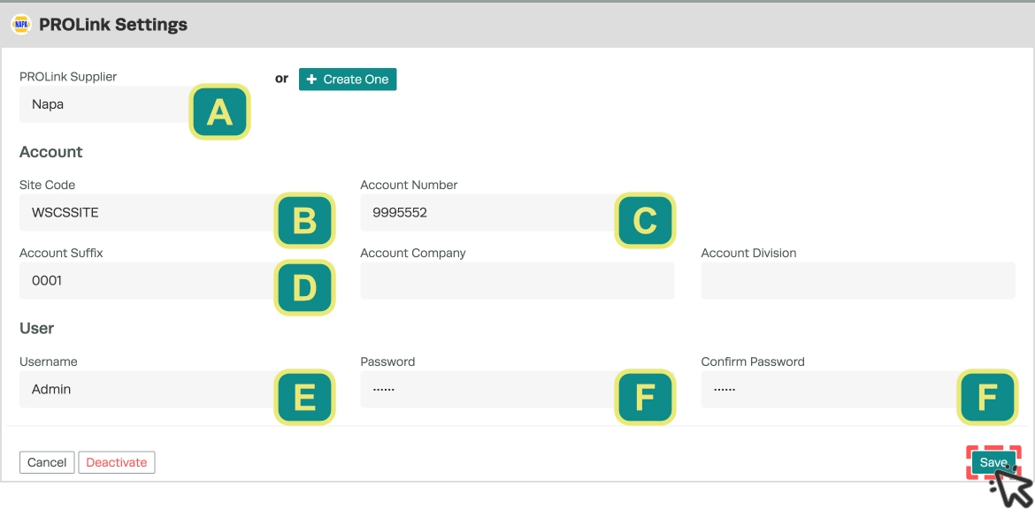 A screenshot of the PROLink settings card. A letter is assigned to each required field and the Save button is higlighted.