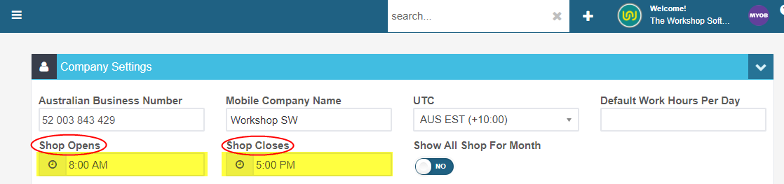 Workshop Software booking diary setup - what do i need to do before using the diary? showing workshop opening and closing ...