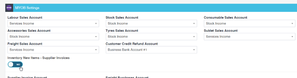 Workshop Software myob - adding a new product using the supplier invoice showing switch on "inventory new items - supplier...