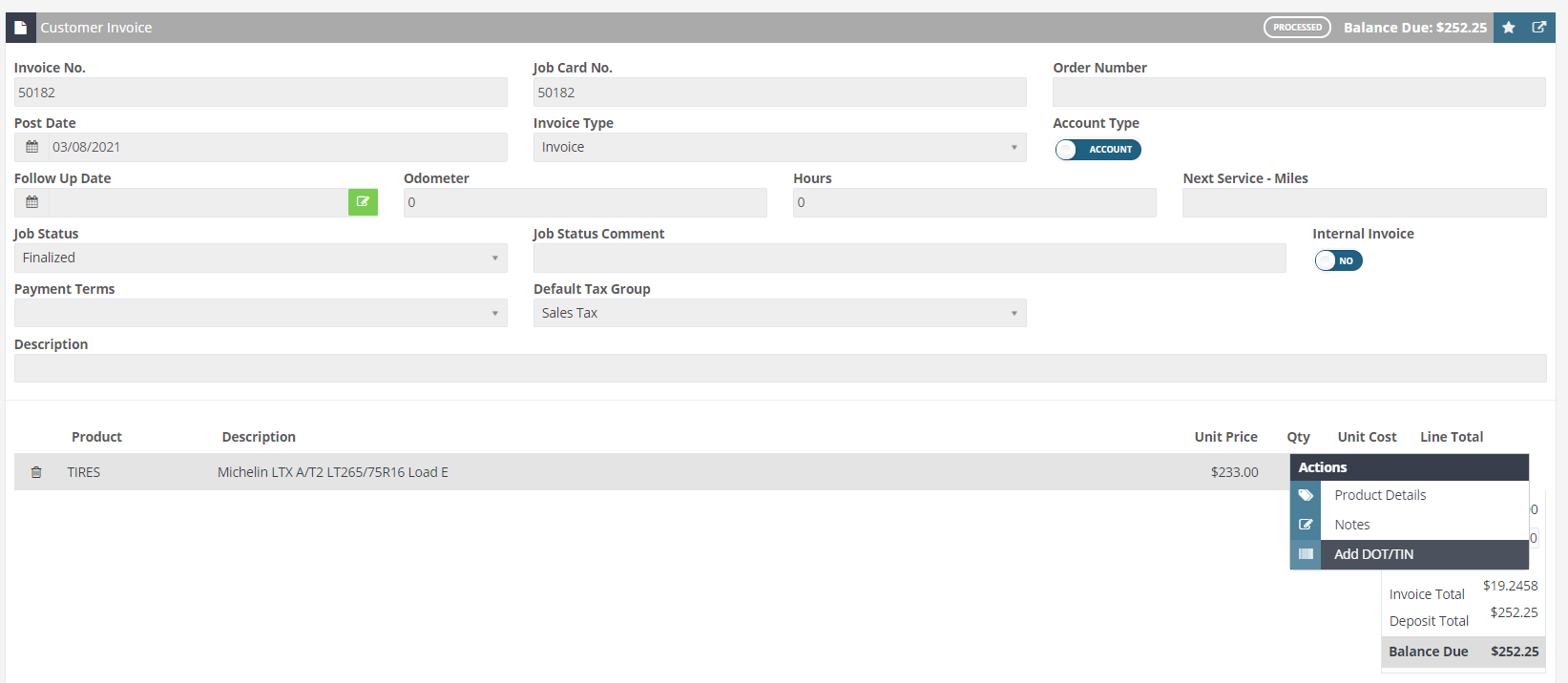 Workshop Software register dot/tin on a processed invoice showing 'add dot/tin'
