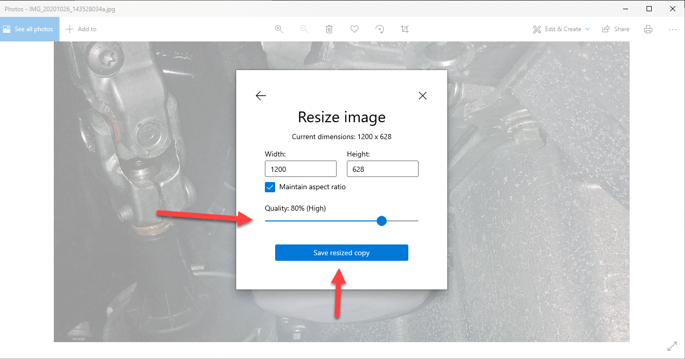 Screenshot: Leave 'Maintain aspect ratio' ticked and lower the Quality