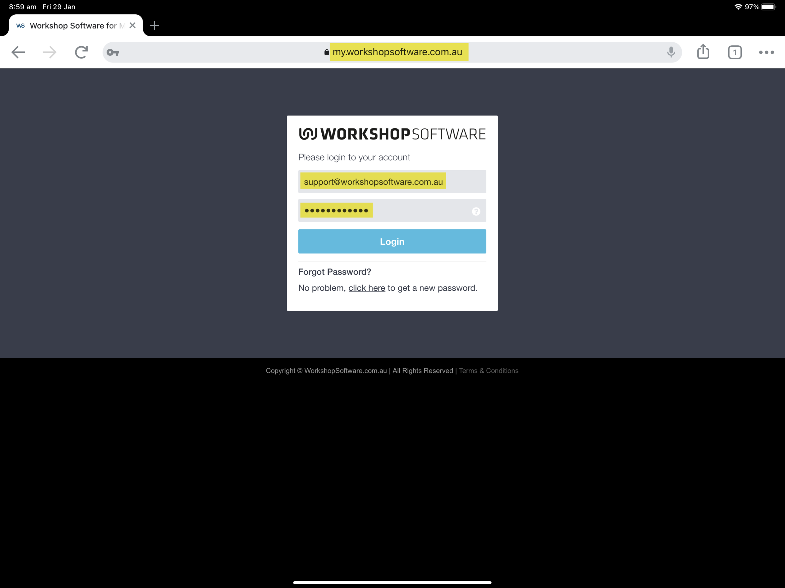 Tablet displaying the Workshop Software login page in a web browser