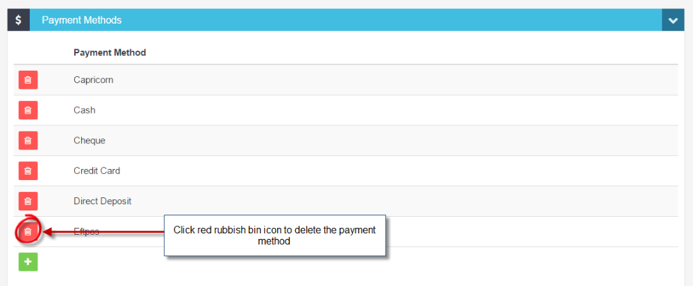 Payment Methods list with the red bin icon circled and a callout explaining it deletes the payment method