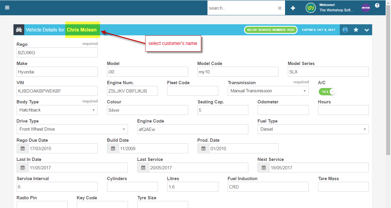 Workshop Software locate a booking if you have forgotten the booking date showing vehicle’s profile using the top search b...
