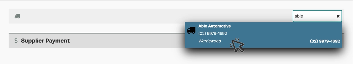 A cropped screenshot of Workshop Software's Supplier Payment Page. "Able" is entered in the search field and a cursor indicates to click the box showing the matching Supplier.