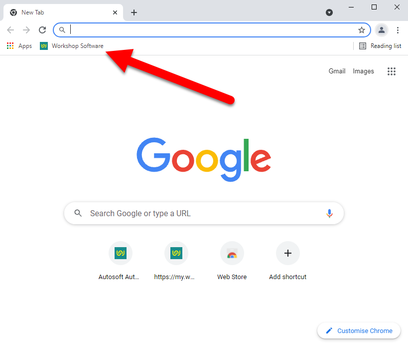 Workshop Software screen showing you can now access workshop software from the bookmark bar as shown below