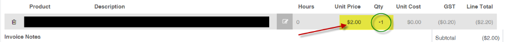 Workshop Software screen showing however, you can have the unit price as a positive, and the quantity as a neg...