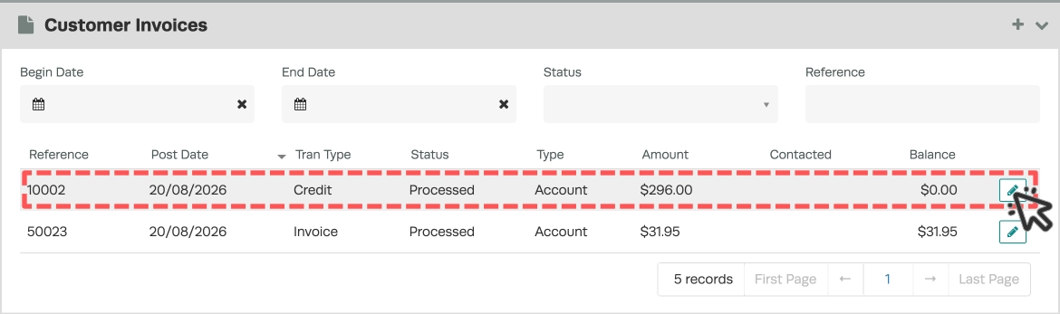 A screenshot of a Customer Invoices list, a Credit is highlighted and a cursor indicates to click the pencil icon.