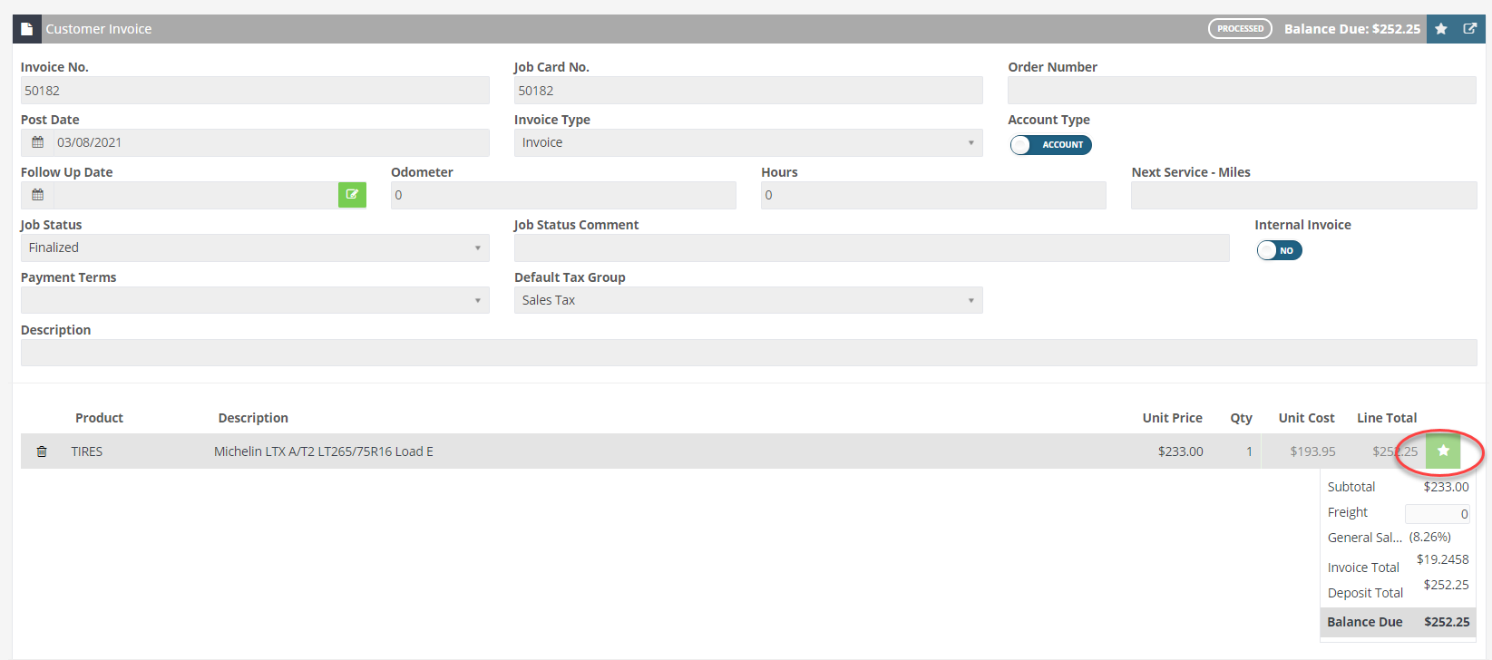 Workshop Software register dot/tin on a processed invoice showing 'star' button on the right hand side of the tire item
