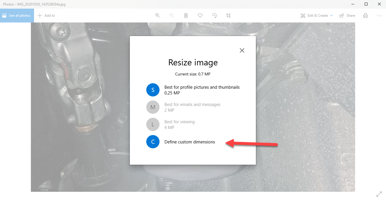 Screenshot: Select the Resize Option