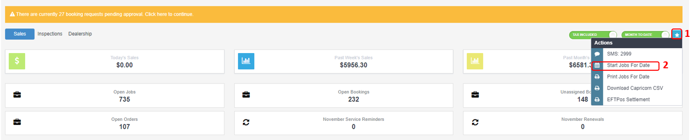 Workshop Software dashboard with the actions menu open showing Start Jobs For Date
