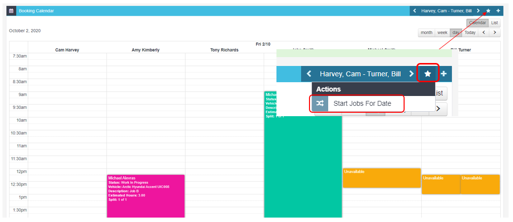 Booking diary with the actions menu open on a booking showing Start Jobs For Date
