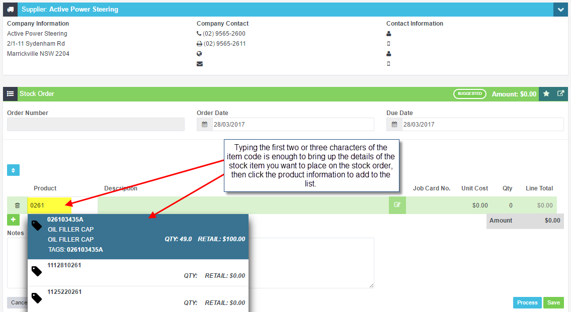 Workshop Software screen showing supplier stock order