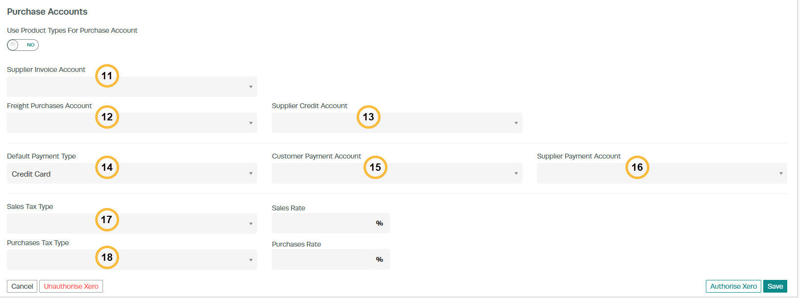 Workshop Software Xero integration Purchase Accounts settings showing supplier and payment account fields