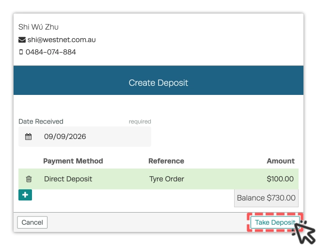 A screenshot of the Create Deposit Pop Up. The Take Deposit button is highlighted.