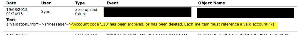 Event log showing a Xero validation error that the account code has been archived or deleted
