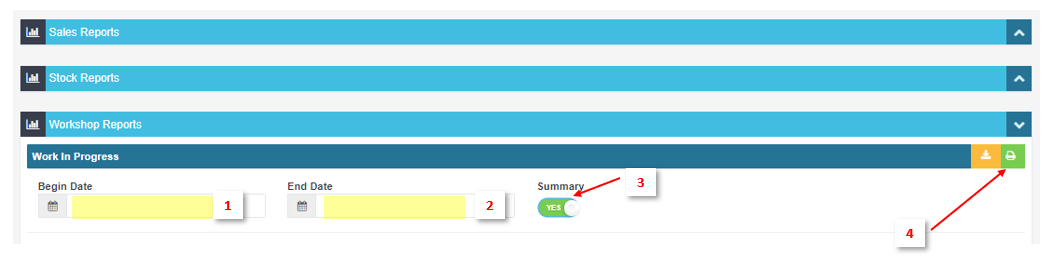 Work In Progress report with numbered markers on the begin date, end date, summary toggle and the print and export icons