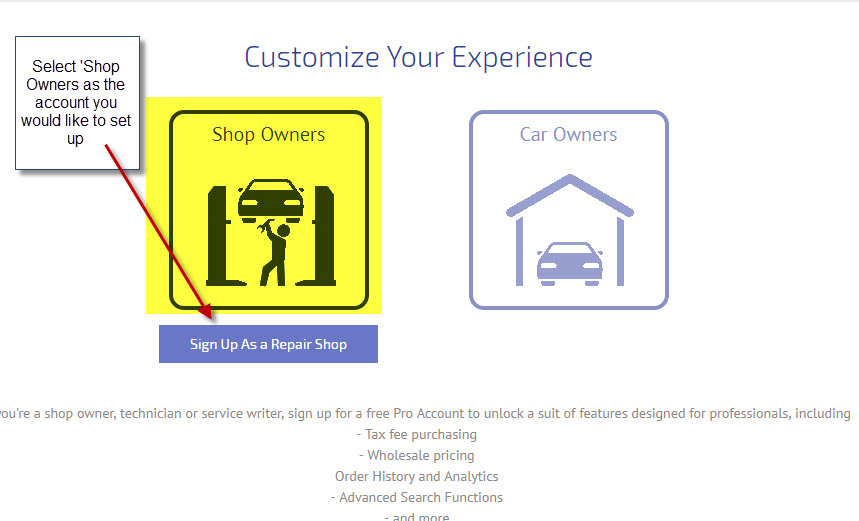 Workshop Software how to integrate partstech showing 'shop owners' as the type of account you would like to set up
