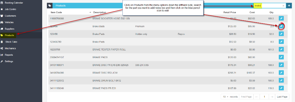 Workshop Software add notes to a product or job code already in an invoice or job card showing blue 'pen' icon to open up ...