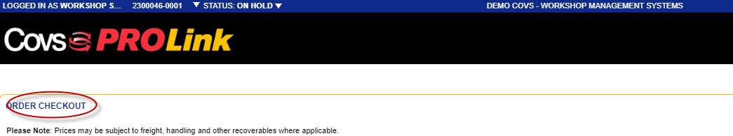 Covs PROLink page with the Order Checkout link circled