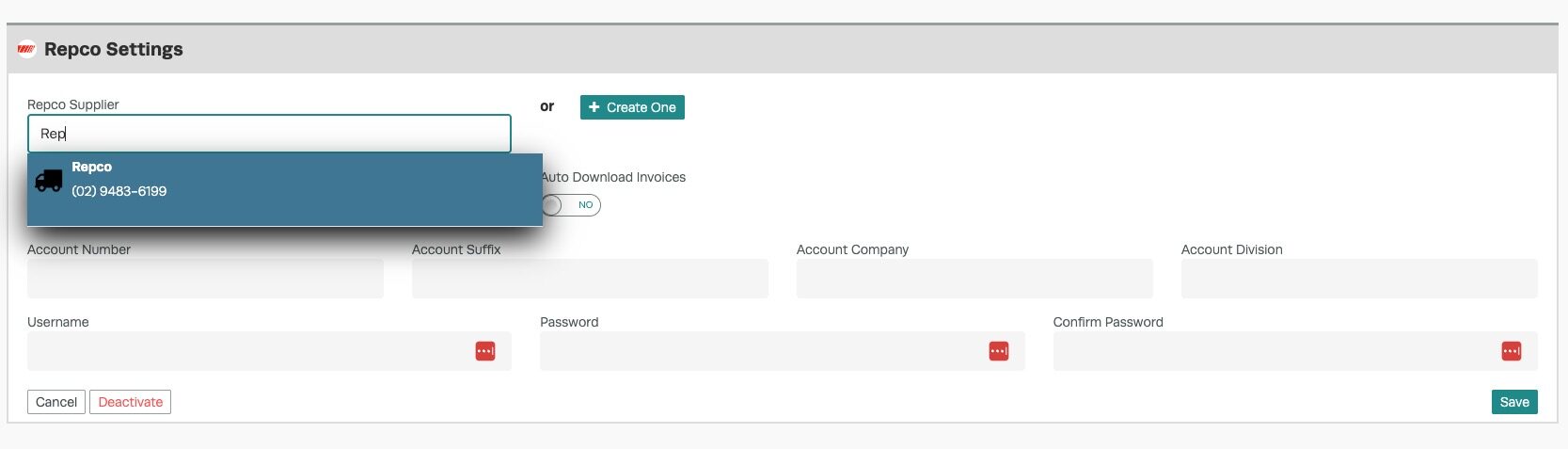 Workshop Software screen showing make sure to choose your repco supplier from your already existing supplier i...