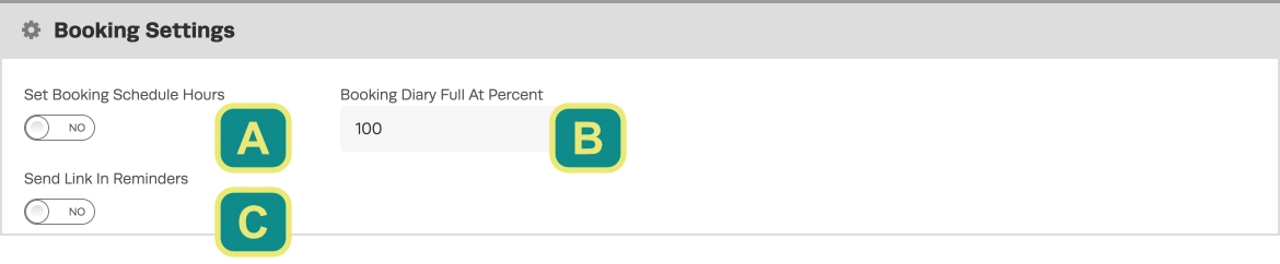 A screenshot of the Booking Settings card with each option assigned a character.