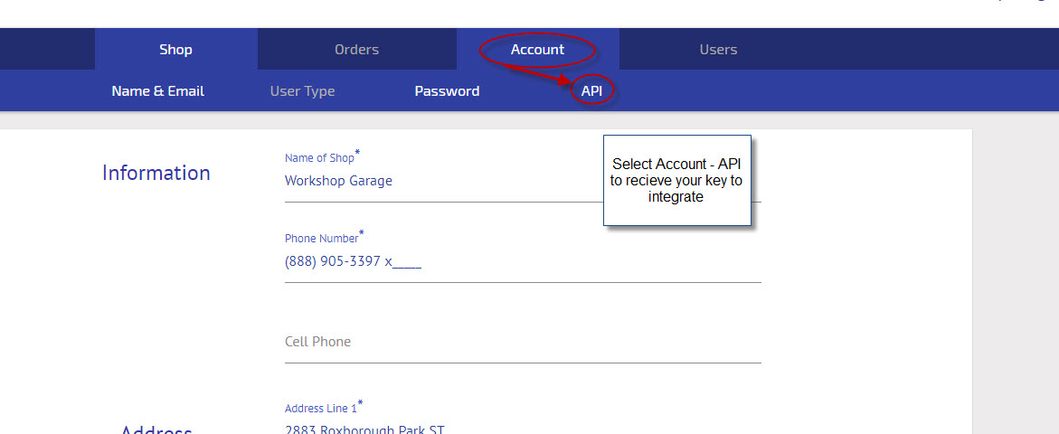 Workshop Software screen showing then select 'account' and 'api'