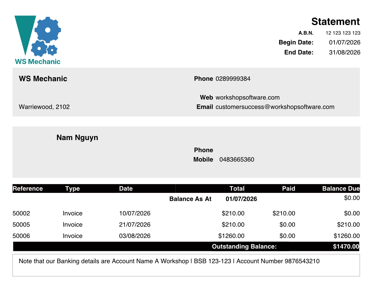 A screenshot of a Customer statement.