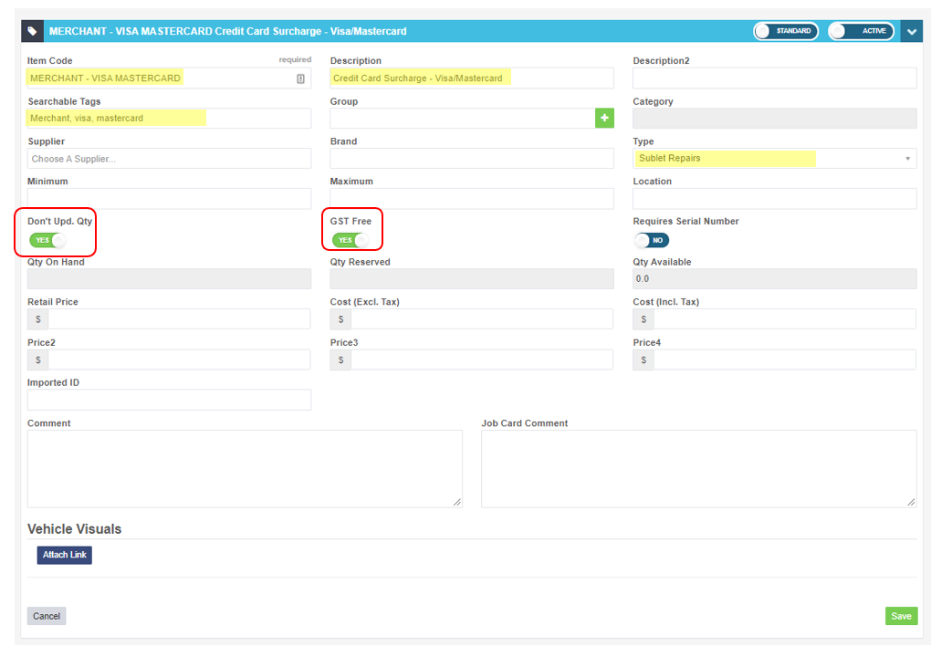 Workshop Software screen showing qty ' toggle is set on yes and the 'gst free' toggle is set to yes