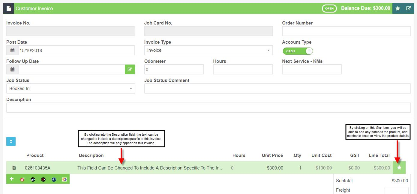 Customer invoice with notes explaining how the product description on a line can be edited