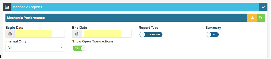 Mechanic Reports panel with the Mechanic Performance report and the green print icon at the right